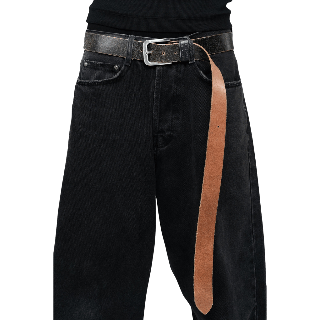 BROWN LABEL LEATHER GOODS CRACKED OVERLENGTH BELT BLACK